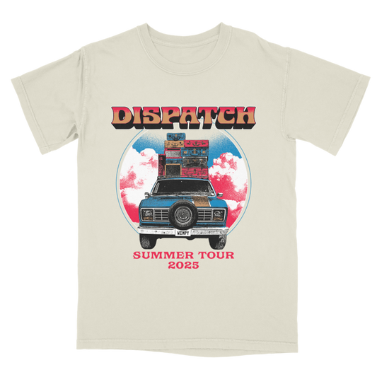 Beige t-shirt with a graphic of a car and 'Dispatch Summer Tour 2025' text on a white background