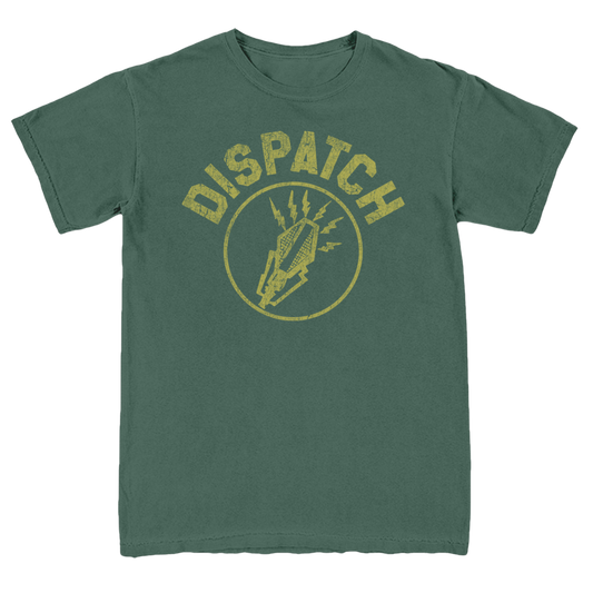 Green t-shirt with 'Dispatch' logo on a white background