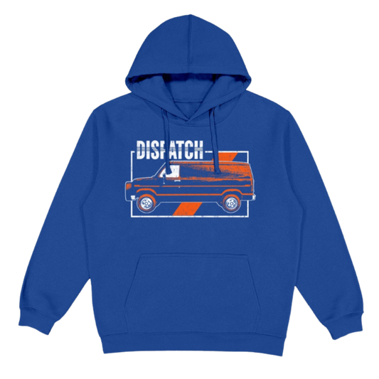 Blue hoodie with a graphic of a van and 'Dispatch' text on a white background