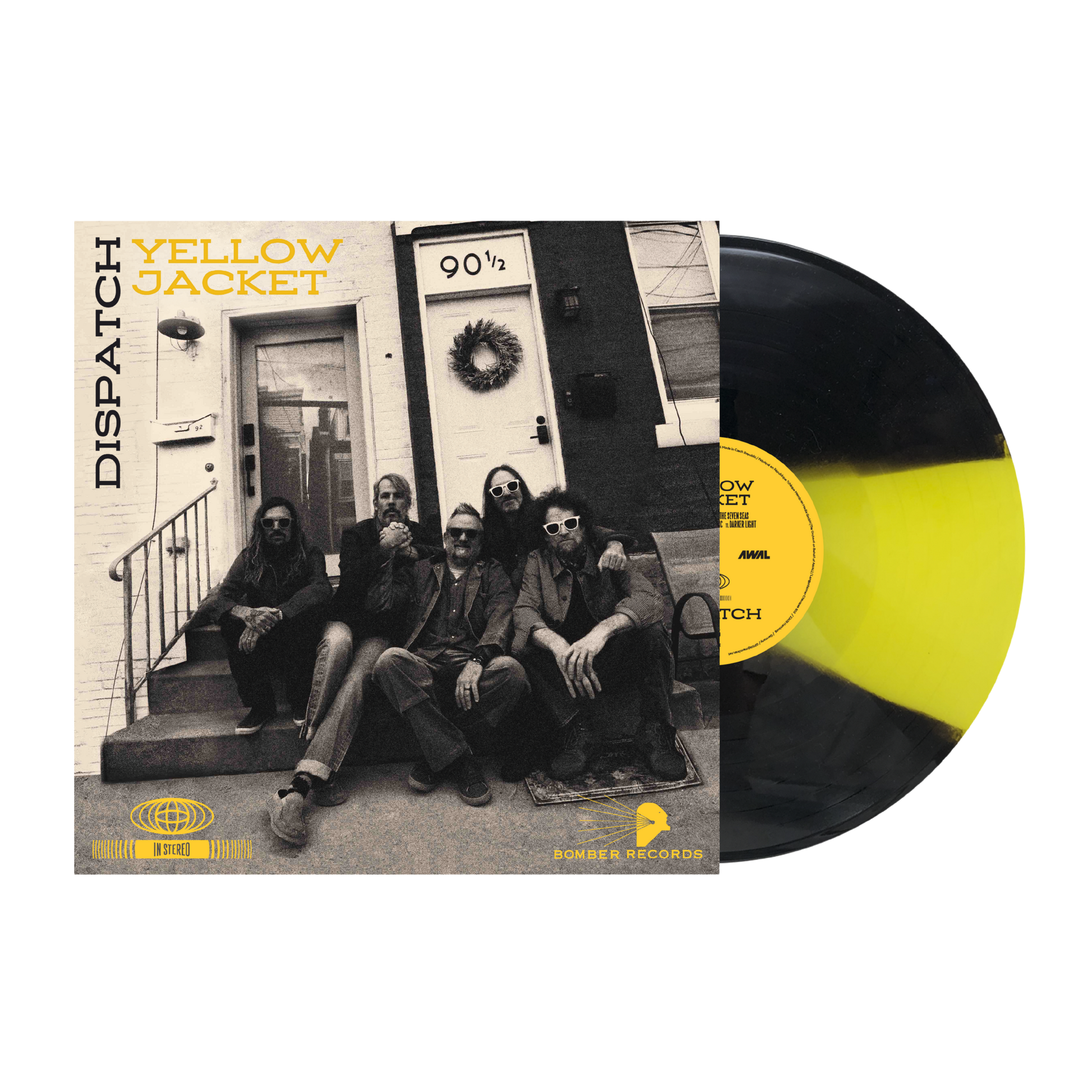 Vinyl record with cover featuring a group of people on a porch, labeled 'Yellow Jacket' by Dispatch.