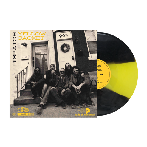 Vinyl record with cover featuring a group of people on a porch, labeled 'Yellow Jacket' by Dispatch.