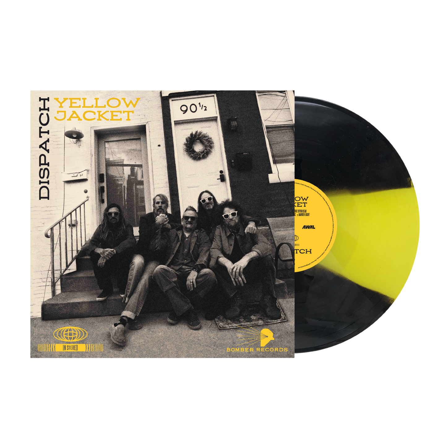 Vinyl record with cover featuring a group of people on a porch, labeled 'Yellow Jacket' by Dispatch.