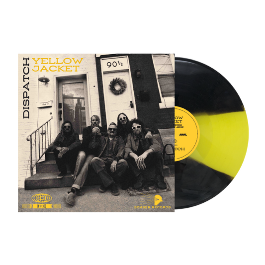 Vinyl record with cover featuring a group of people on a porch, labeled 'Yellow Jacket' by Dispatch.