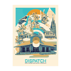 Illustration of a building with flowers and birds, featuring the word 'Dispatch'.