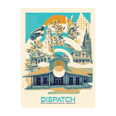 Illustration of a building with flowers and birds, featuring the word 'Dispatch'.