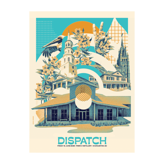 Illustration of a building with flowers and birds, featuring the word 'Dispatch'.