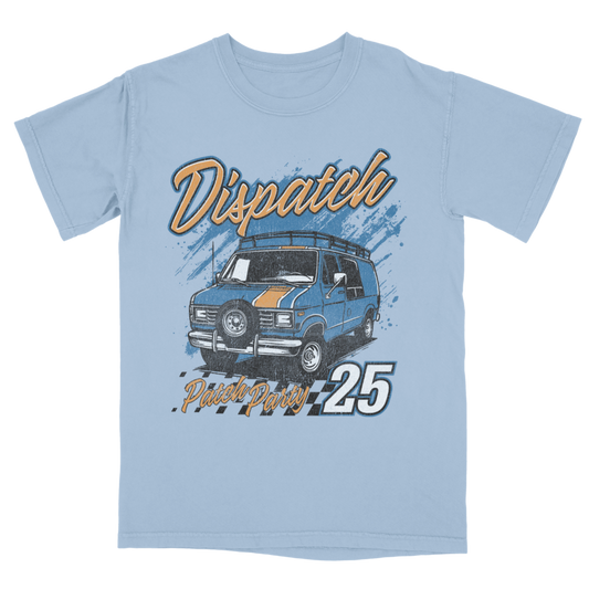 Light blue t-shirt with a graphic of a van and text on a white background