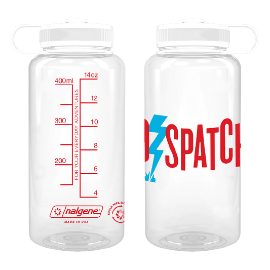 A clear plastic water bottle with red measurement markings and a detachable lid, featuring the brand name 'Nalgene' and the word 'Dispatch' in red and blue on the front.